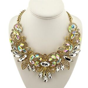 Elegant Iridescent Gold Tone Crystal Statement Necklace